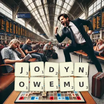 Kreatywna ilustracja do gry w Scrabble ze słowem JODYNOWEMU ułożonym z płytek na planszy.