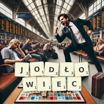 Kreatywna ilustracja do gry w Scrabble ze słowem JODŁOWIEC ułożonym z płytek na planszy.