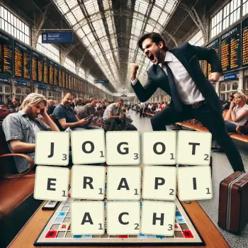 Kreatywna ilustracja do gry w Scrabble ze słowem JOGOTERAPIACH ułożonym z płytek na planszy.