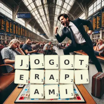 Kreatywna ilustracja do gry w Scrabble ze słowem JOGOTERAPIAMI ułożonym z płytek na planszy.