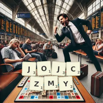 Kreatywna ilustracja do gry w Scrabble ze słowem JOJCZMY ułożonym z płytek na planszy.