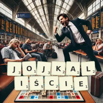 Kreatywna ilustracja do gry w Scrabble ze słowem JOJKALIŚCIE ułożonym z płytek na planszy.
