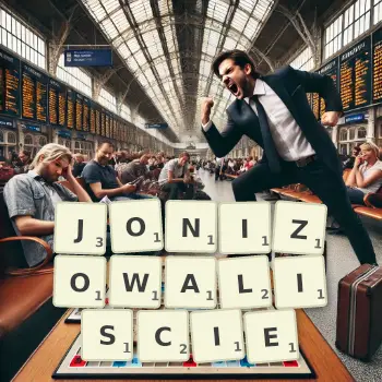 Kreatywna ilustracja do gry w Scrabble ze słowem JONIZOWALISCIE ułożonym z płytek na planszy.