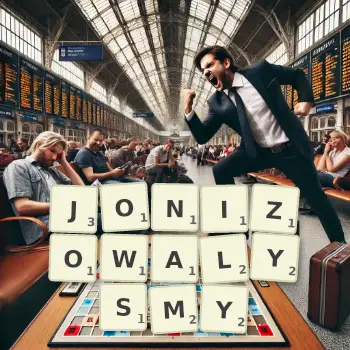 Kreatywna ilustracja do gry w Scrabble ze słowem JONIZOWALYSMY ułożonym z płytek na planszy.