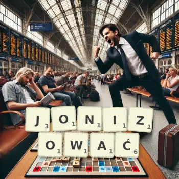 Kreatywna ilustracja do gry w Scrabble ze słowem JONIZOWAĆ ułożonym z płytek na planszy.