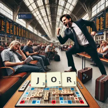 Kreatywna ilustracja do gry w Scrabble ze słowem JOR ułożonym z płytek na planszy.