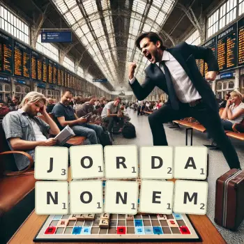 Kreatywna ilustracja do gry w Scrabble ze słowem JORDANONEM ułożonym z płytek na planszy.