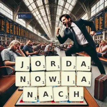 Kreatywna ilustracja do gry w Scrabble ze słowem JORDANOWIANACH ułożonym z płytek na planszy.