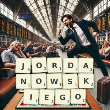 Kreatywna ilustracja do gry w Scrabble ze słowem JORDANOWSKIEGO ułożonym z płytek na planszy.