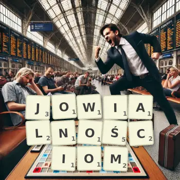 Kreatywna ilustracja do gry w Scrabble ze słowem JOWIALNOŚCIOM ułożonym z płytek na planszy.