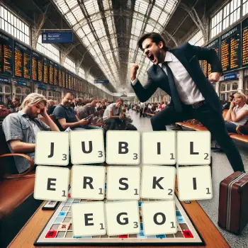 Kreatywna ilustracja do gry w Scrabble ze słowem JUBILERSKIEGO ułożonym z płytek na planszy.