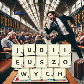 Kreatywna ilustracja do gry w Scrabble ze słowem JUBILEUSZOWYCH ułożonym z płytek na planszy.