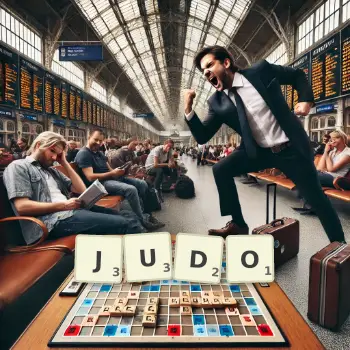 Kreatywna ilustracja do gry w Scrabble ze słowem JUDO ułożonym z płytek na planszy.