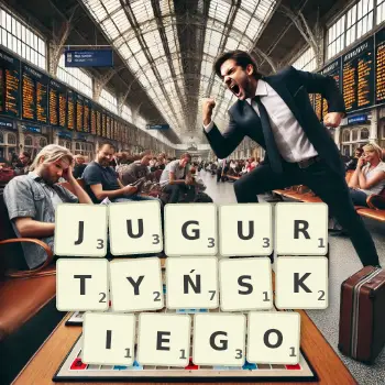 Kreatywna ilustracja do gry w Scrabble ze słowem JUGURTYŃSKIEGO ułożonym z płytek na planszy.