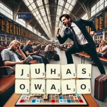 Kreatywna ilustracja do gry w Scrabble ze słowem JUHASOWALO ułożonym z płytek na planszy.
