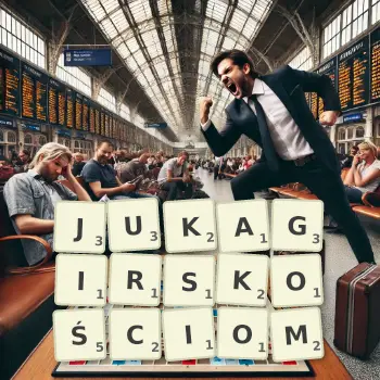 Kreatywna ilustracja do gry w Scrabble ze słowem JUKAGIRSKOŚCIOM ułożonym z płytek na planszy.