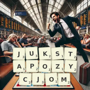 Kreatywna ilustracja do gry w Scrabble ze słowem JUKSTAPOZYCJOM ułożonym z płytek na planszy.