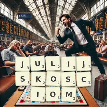 Kreatywna ilustracja do gry w Scrabble ze słowem JULIJSKOSCIOM ułożonym z płytek na planszy.