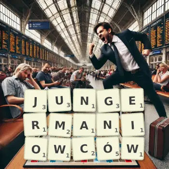 Kreatywna ilustracja do gry w Scrabble ze słowem JUNGERMANIOWCÓW ułożonym z płytek na planszy.