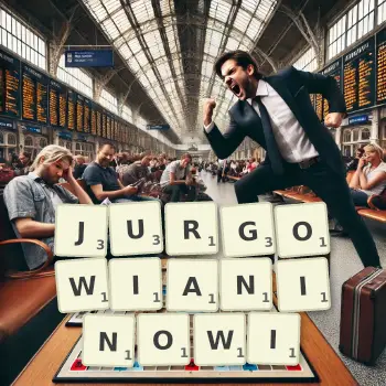 Kreatywna ilustracja do gry w Scrabble ze słowem JURGOWIANINOWI ułożonym z płytek na planszy.