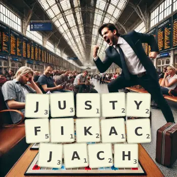Kreatywna ilustracja do gry w Scrabble ze słowem JUSTYFIKACJACH ułożonym z płytek na planszy.