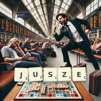 Kreatywna ilustracja do gry w Scrabble ze słowem JUSZE ułożonym z płytek na planszy.