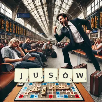 Kreatywna ilustracja do gry w Scrabble ze słowem JUSÓW ułożonym z płytek na planszy.