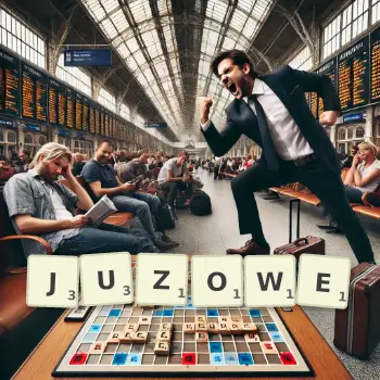 Kreatywna ilustracja do gry w Scrabble ze słowem JUZOWE ułożonym z płytek na planszy.