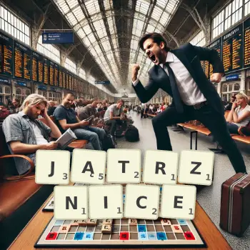 Kreatywna ilustracja do gry w Scrabble ze słowem JĄTRZNICE ułożonym z płytek na planszy.
