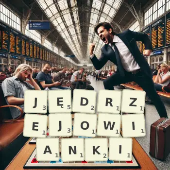 Kreatywna ilustracja do gry w Scrabble ze słowem JĘDRZEJOWIANKI ułożonym z płytek na planszy.