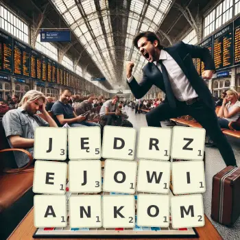 Kreatywna ilustracja do gry w Scrabble ze słowem JĘDRZEJOWIANKOM ułożonym z płytek na planszy.