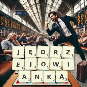 Kreatywna ilustracja do gry w Scrabble ze słowem JĘDRZEJOWIANKĄ ułożonym z płytek na planszy.