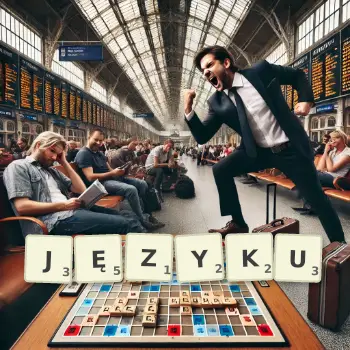 Kreatywna ilustracja do gry w Scrabble ze słowem JĘZYKU ułożonym z płytek na planszy.