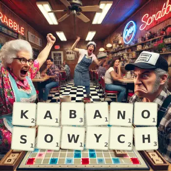 Kreatywna ilustracja do gry w Scrabble ze słowem KABANOSOWYCH ułożonym z płytek na planszy.