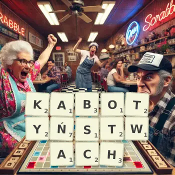 Kreatywna ilustracja do gry w Scrabble ze słowem KABOTYŃSTWACH ułożonym z płytek na planszy.