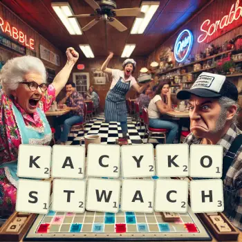 Kreatywna ilustracja do gry w Scrabble ze słowem KACYKOSTWACH ułożonym z płytek na planszy.