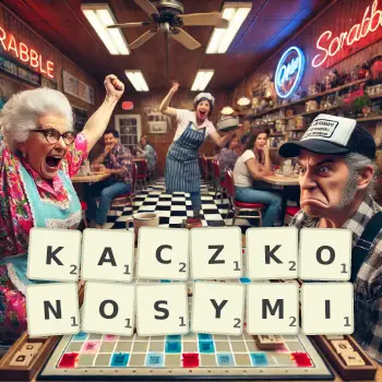 Kreatywna ilustracja do gry w Scrabble ze słowem KACZKONOSYMI ułożonym z płytek na planszy.