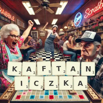 Kreatywna ilustracja do gry w Scrabble ze słowem KAFTANICZKA ułożonym z płytek na planszy.