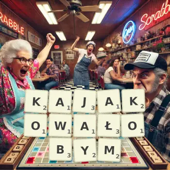 Kreatywna ilustracja do gry w Scrabble ze słowem KAJAKOWAŁOBYM ułożonym z płytek na planszy.