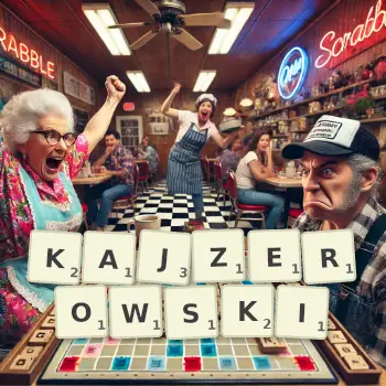 Kreatywna ilustracja do gry w Scrabble ze słowem KAJZEROWSKI ułożonym z płytek na planszy.