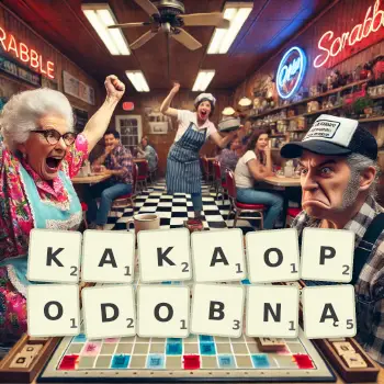 Kreatywna ilustracja do gry w Scrabble ze słowem KAKAOPODOBNĄ ułożonym z płytek na planszy.