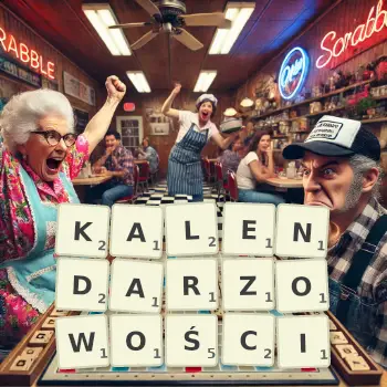 Kreatywna ilustracja do gry w Scrabble ze słowem KALENDARZOWOŚCI ułożonym z płytek na planszy.