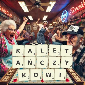Kreatywna ilustracja do gry w Scrabble ze słowem KALETAŃCZYKOWI ułożonym z płytek na planszy.