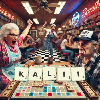Kreatywna ilustracja do gry w Scrabble ze słowem KALII ułożonym z płytek na planszy.