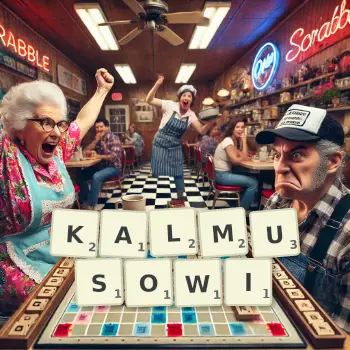 Kreatywna ilustracja do gry w Scrabble ze słowem KALMUSOWI ułożonym z płytek na planszy.