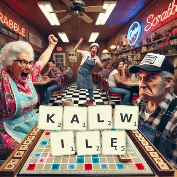 Kreatywna ilustracja do gry w Scrabble ze słowem KALWILĘ ułożonym z płytek na planszy.