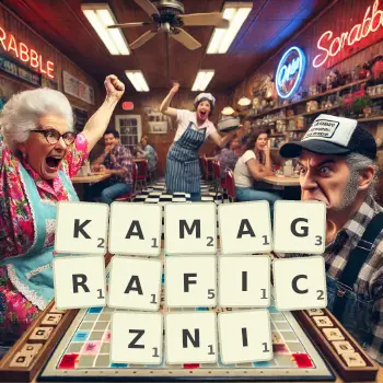 Kreatywna ilustracja do gry w Scrabble ze słowem KAMAGRAFICZNI ułożonym z płytek na planszy.