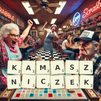 Kreatywna ilustracja do gry w Scrabble ze słowem KAMASZNICZEK ułożonym z płytek na planszy.