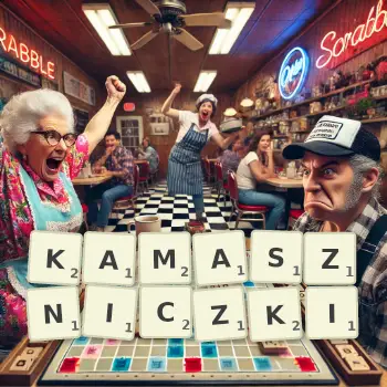 Kreatywna ilustracja do gry w Scrabble ze słowem KAMASZNICZKI ułożonym z płytek na planszy.