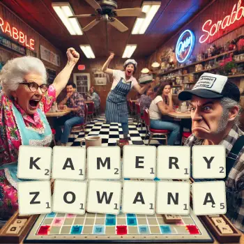 Kreatywna ilustracja do gry w Scrabble ze słowem KAMERYZOWANĄ ułożonym z płytek na planszy.